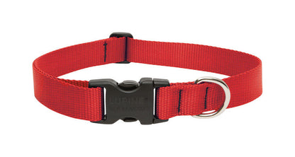 Red adjustable dog collar from Emery Jensen, fits 16-28 inches, made of durable material for everyday wear.