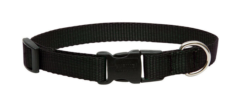 Black adjustable dog collar from Emery Jensen, fits 9-14 inches, made for pets, with a secure buckle and durable material.