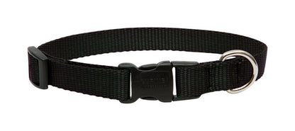 Black adjustable dog collar from Emery Jensen, fits 9-14 inches, made for pets, with a secure buckle and durable material.