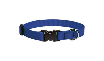 Blue adjustable dog collar from Emery Jensen, fits 9-14 inches, with secure buckle and durable nylon material.