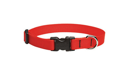Red adjustable dog collar from Emery Jensen, fits 9-14 inches, made of durable material for pets.