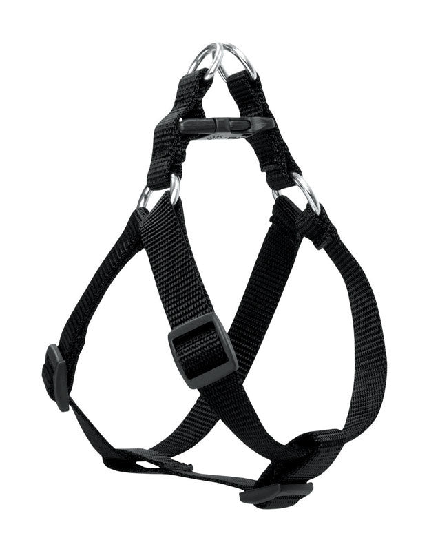 Black dog harness from Emery Jensen, adjustable for 20-30 inch necks, made for secure walking and training.