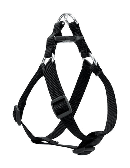Black dog harness from Emery Jensen, adjustable for 20-30 inch necks, made for secure walking and training.