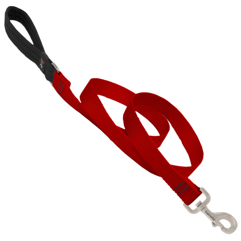 Red 6-foot Emery Jensen dog leash made of durable material, designed for secure control during walks.
