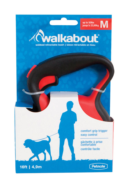 Emery Jensen retractable dog leash in medium red, durable nylon handle with locking button for secure control during walks.
