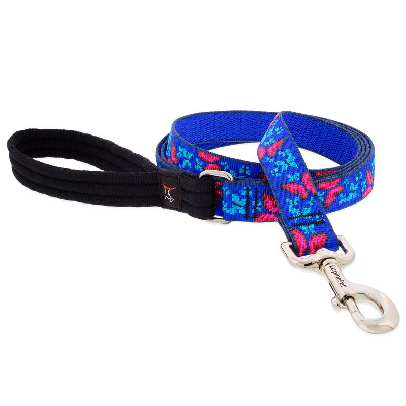 Emery Jensen 6-foot butterfly pattern dog leash made of durable material for walking and control.