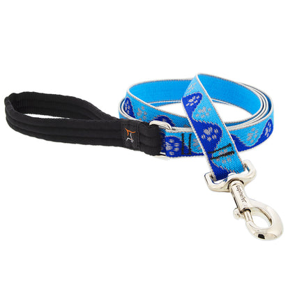 Blue reflective 6ft dog leash by Emery Jensen with paw print design, ideal for walking pets safely in low light.