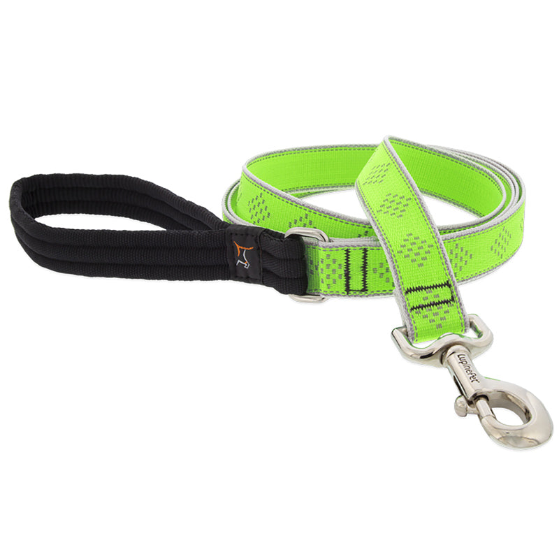 Emery Jensen 6ft green reflective diamond-pattern dog leash with sturdy handle and metal clip for secure walks.