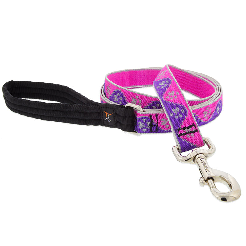 Pink reflective 6ft leash from Emery Jensen, featuring a paw print design, suitable for dog walks and outdoor safety.