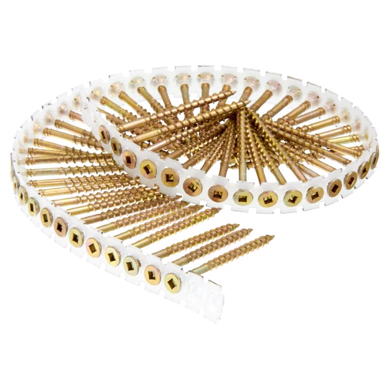 Emery Jensen #8x2.5-inch colleted wood screw with 800-piece pack, showing the screw's threading and collated strip for easy installation.