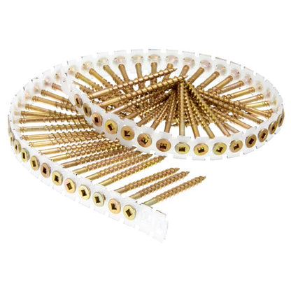 Emery Jensen #8x2.5-inch colleted wood screw with 800-piece pack, showing the screw's threading and collated strip for easy installation.