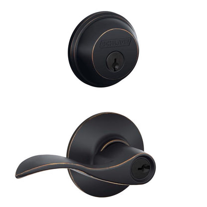 Aged bronze deadbolt and lever door lock combination pack by Emery Jensen, featuring a secure deadbolt and stylish lever handle.