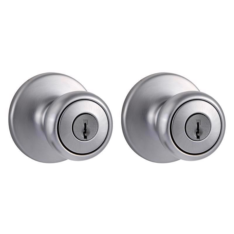 Emery Jensen entry door knobs in a 1-3/4 inch stainless steel combination pack, showing sleek handle designs and packaging.