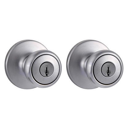 Emery Jensen entry door knobs in a 1-3/4 inch stainless steel combination pack, showing sleek handle designs and packaging.