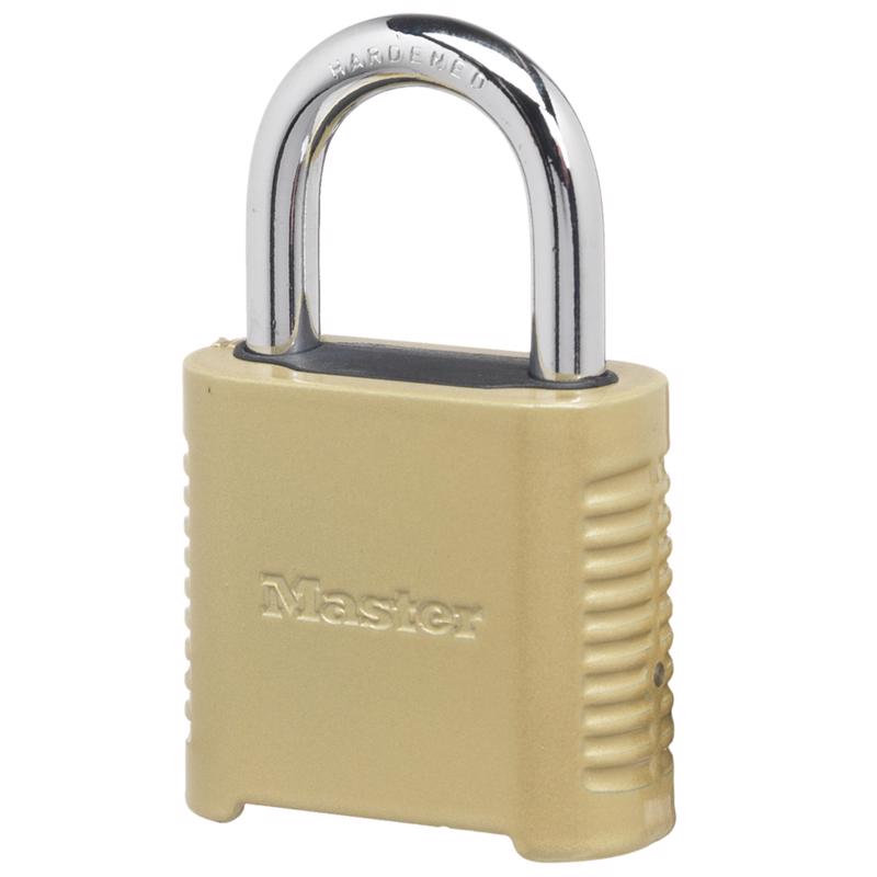 Emery Jensen 4-dial combination resettable padlock in gold with black shackle for secure locking and keyless access.