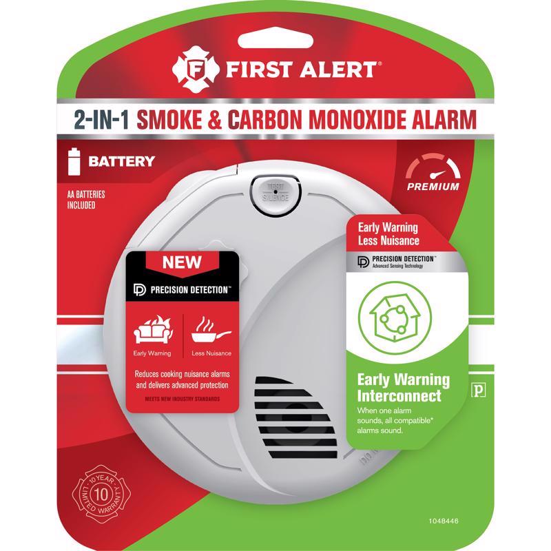 Wireless combo smoke and carbon monoxide alarm by Emery Jensen, showing the device with sensors and digital display.
