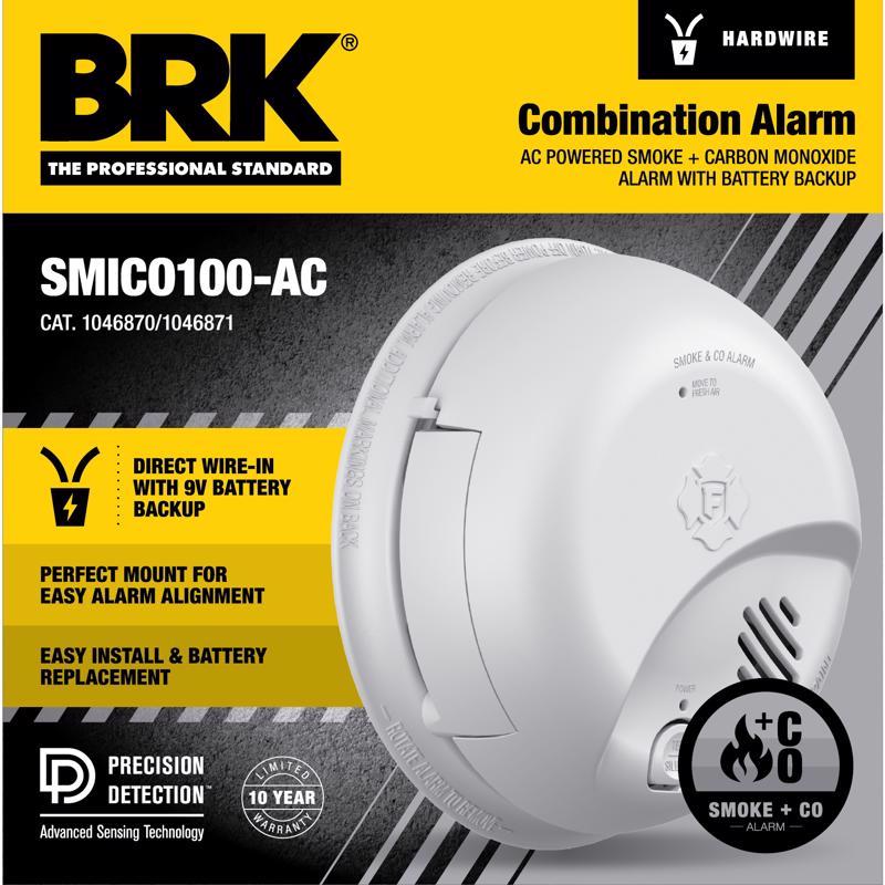 Emery Jensen wired combo smoke and carbon monoxide alarm, showing the device with test and reset buttons on the front.
