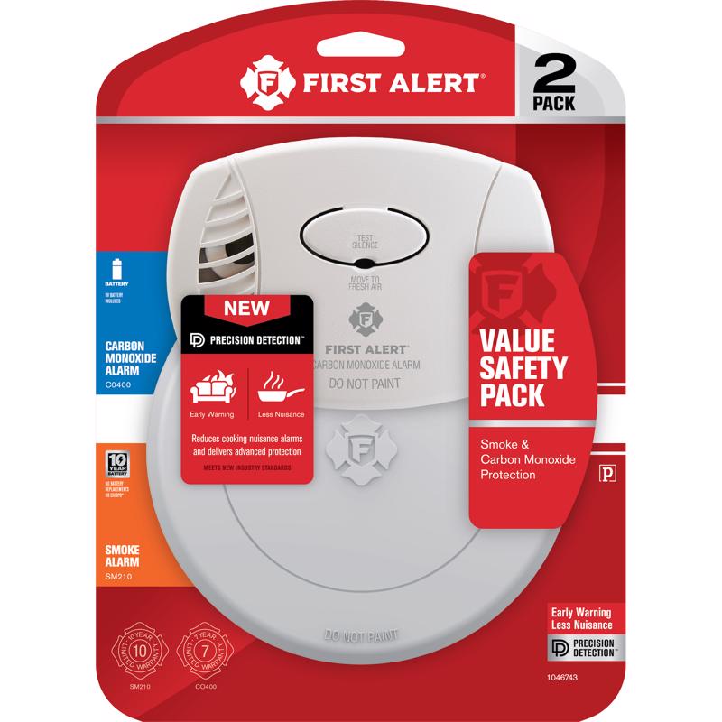 Emery Jensen combo smoke and carbon monoxide alarms with batteries, mounted on a ceiling for home safety.