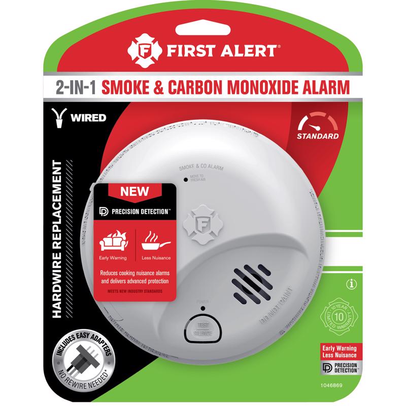 Emery Jensen combo smoke and carbon monoxide alarm with detector wire, mounted on a ceiling for safety detection.