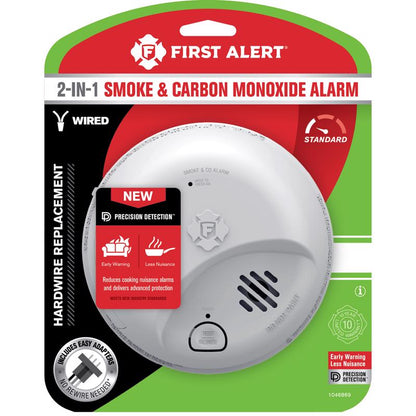 Emery Jensen combo smoke and carbon monoxide alarm with detector wire, mounted on a ceiling for safety detection.