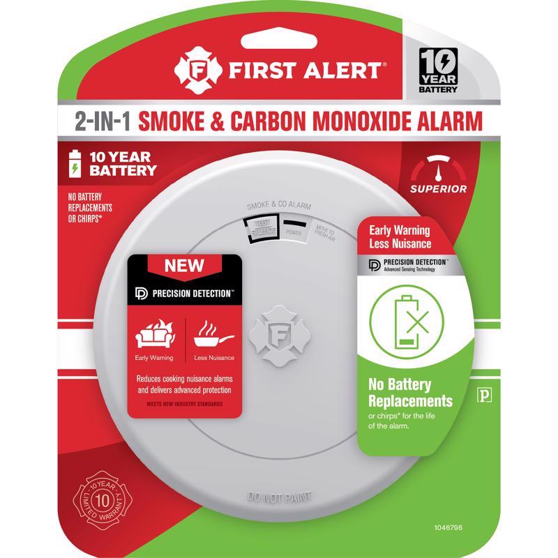 Emery Jensen combo smoke and carbon monoxide alarm, black and white dual-device with digital display and alarm indicators.