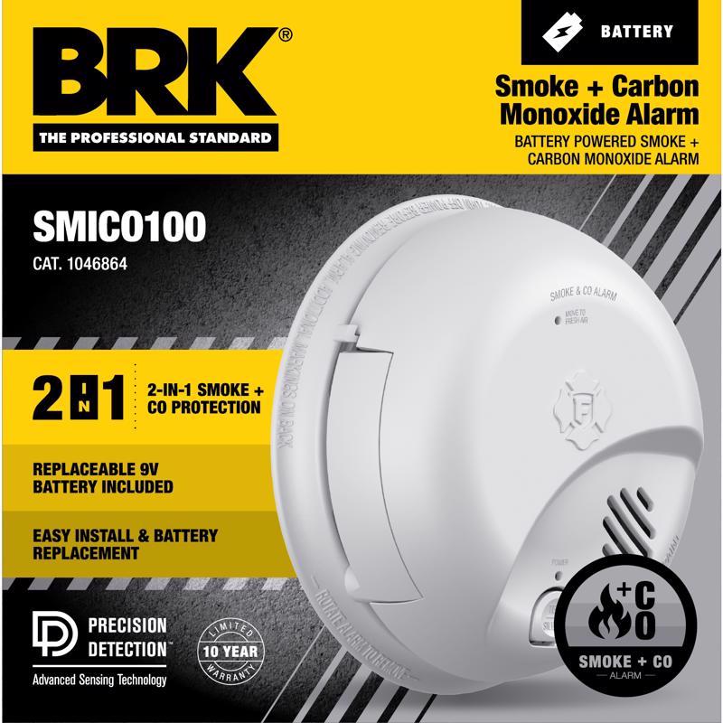 Emery Jensen Smoke and Carbon Monoxide Combo Alarm mounted on wall, showing dual sensor design for smoke and CO detection.