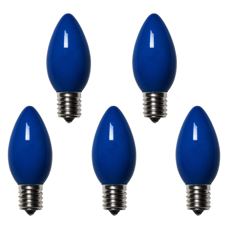 Blue ceramic C9 light bulbs in a 25-pack for commercial lighting from Emery Jensen, shown in a close-up image.
