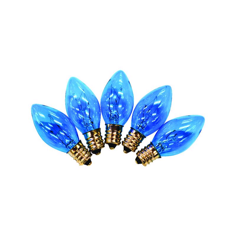 Set of 25 blue transparent C7 bulbs for commercial lighting by Emery Jensen, ideal for decorative or functional illumination.