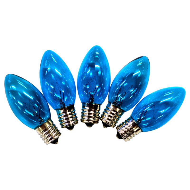 Blue transparent C9 bulb for commercial lighting, 25-pack by Emery Jensen, shown in a close-up view of the bulbs.