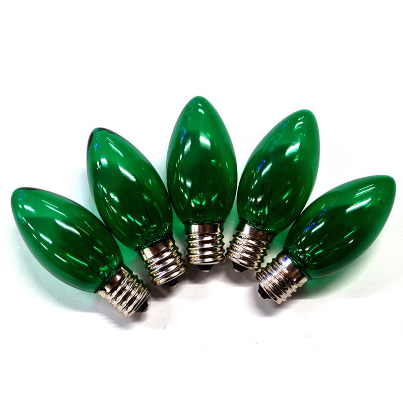 Green transparent C9 bulb for commercial lighting by Emery Jensen, shown in a 25-pack for decorative outdoor use.
