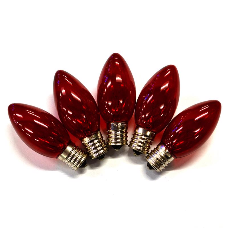 Set of 25 red transparent C9 bulbs for commercial lighting by Emery Jensen, ideal for festive or decorative lighting displays.