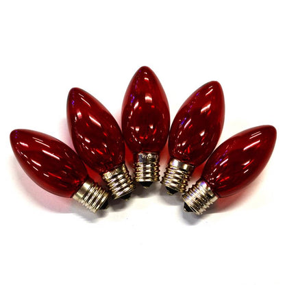 Set of 25 red transparent C9 bulbs for commercial lighting by Emery Jensen, ideal for festive or decorative lighting displays.