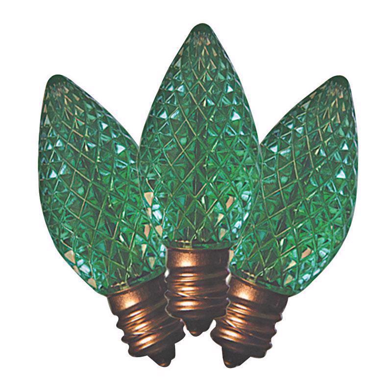 Green LED C7 SMD bulb for commercial lighting, Emery Jensen brand, shown in a box of 25 bulbs.
