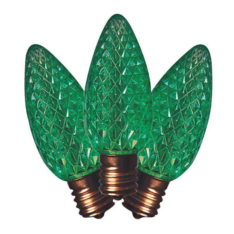 Green LED C9 SMD bulb by Emery Jensen for commercial lighting, shown in a close-up image of the bulb's details and packaging.