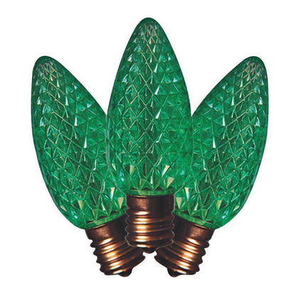Green LED C9 SMD bulb by Emery Jensen for commercial lighting, shown in a close-up image of the bulb's details and packaging.