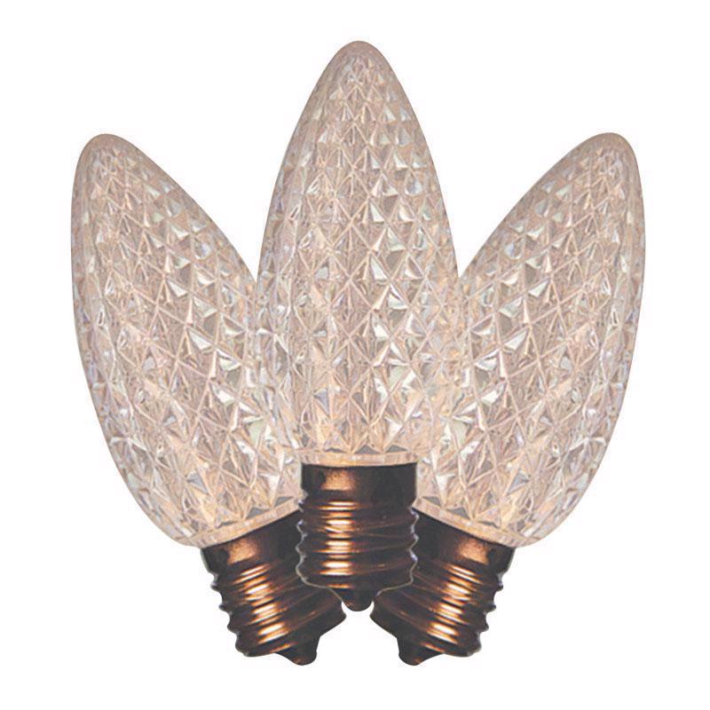 Emery Jensen LED C9 SMD Bulb WW for commercial lighting, warm white color, shown in a box of 25 bulbs.