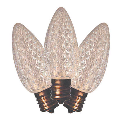 Emery Jensen LED C9 SMD Bulb WW for commercial lighting, warm white color, shown in a box of 25 bulbs.