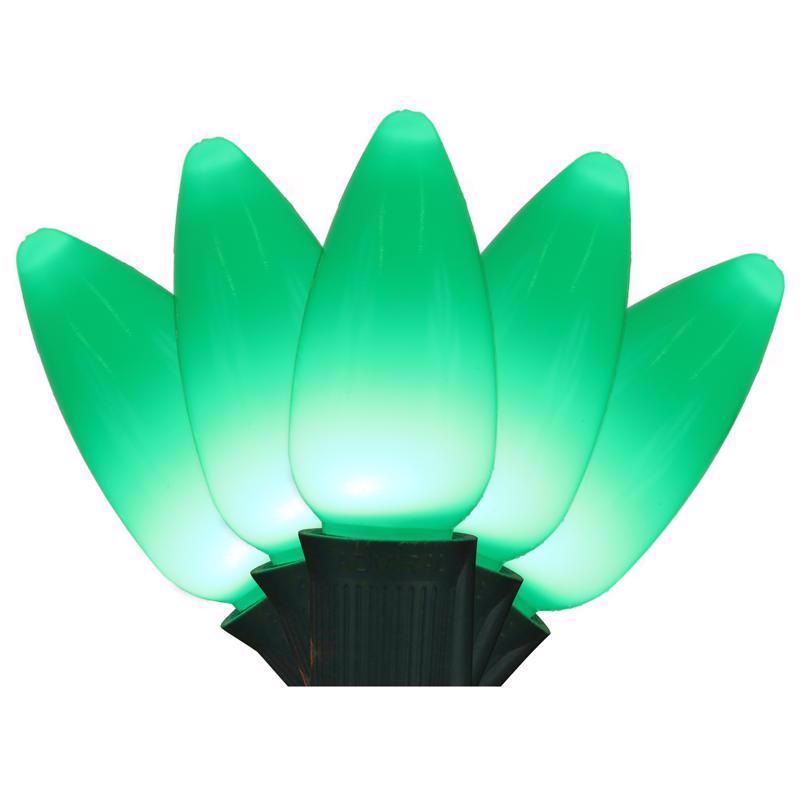Green LED C9 SMD CRMC commercial lighting bulb by Emery Jensen, shown in a clear close-up image.