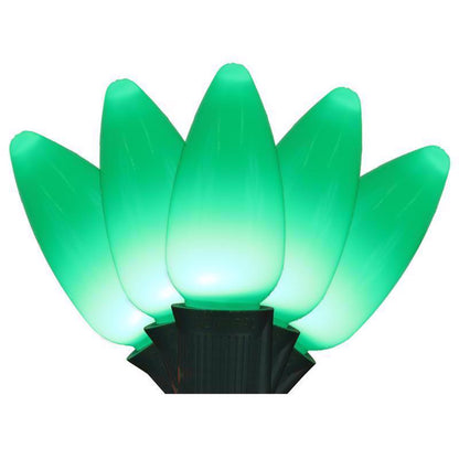 Green LED C9 SMD CRMC commercial lighting bulb by Emery Jensen, shown in a clear close-up image.