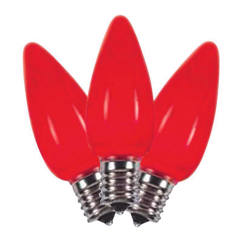 Red LED C9 SMD bulb for commercial lighting by Emery Jensen, shown in a close-up view with a clear bulb shape.