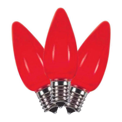 Red LED C9 SMD bulb for commercial lighting by Emery Jensen, shown in a close-up view with a clear bulb shape.