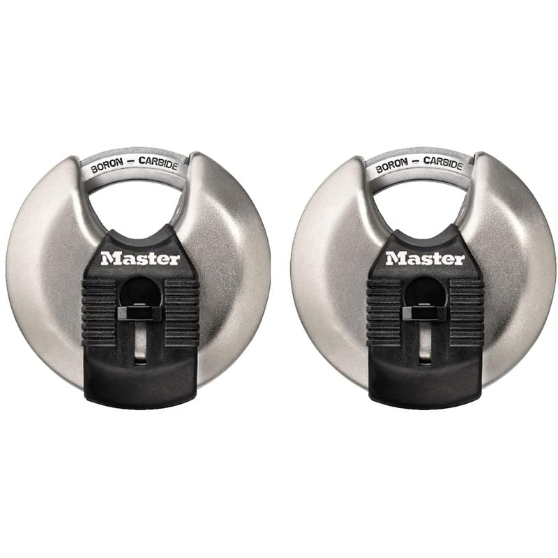 Pair of Emery Jensen commercial professional disc padlocks, 2-3/4-inch size, with durable metal construction and key locking mechanism