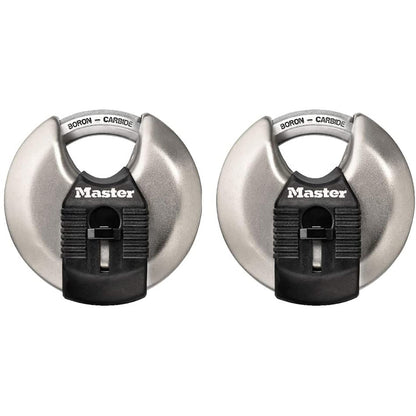 Pair of Emery Jensen commercial professional disc padlocks, 2-3/4-inch size, with durable metal construction and key locking mechanism