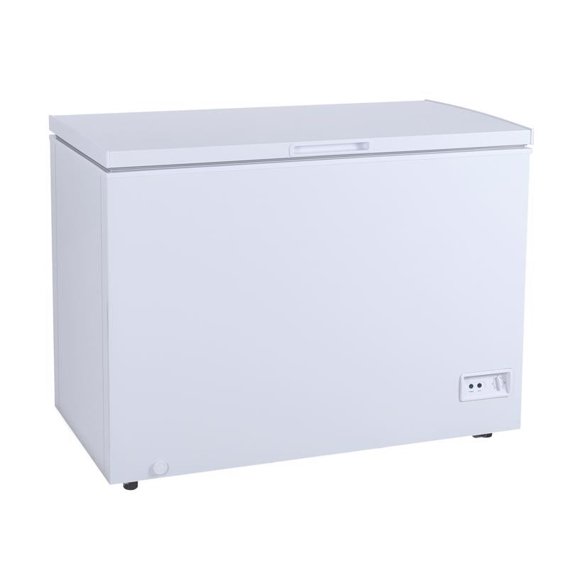 Emery Jensen compact fridge and freezer in white, 10 cu ft, with a clean, modern design and adjustable shelves.
