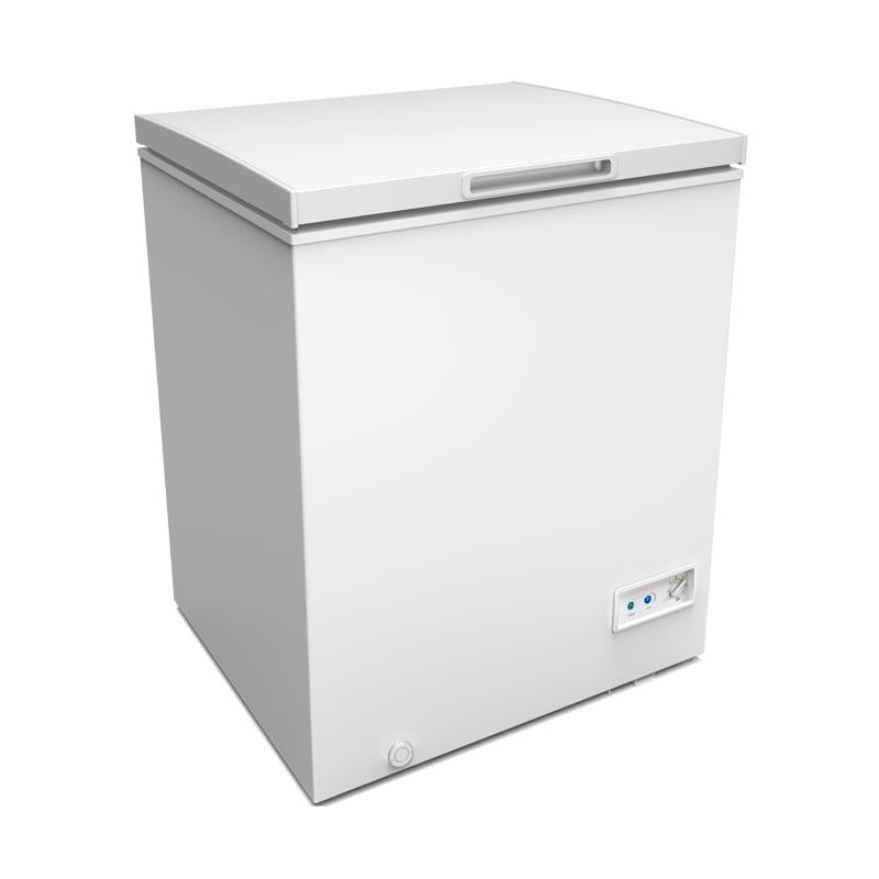 White Emery Jensen compact fridge and freezer, 5 cu ft capacity, with shelves and door storage for kitchen or office use.