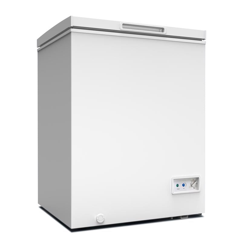 Emery Jensen compact refrigerator and freezer in white, 7 cubic feet, with shelves and door storage for kitchen or office use.