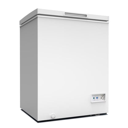 Emery Jensen compact refrigerator and freezer in white, 7 cubic feet, with shelves and door storage for kitchen or office use.