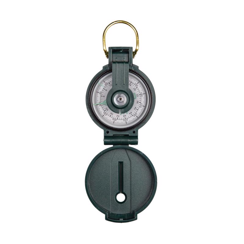 Emery Jensen Lensatic Compass showing a metal body, clear glass lens, and directional markings for navigation.