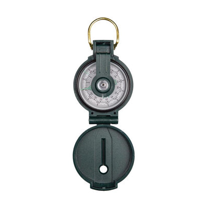 Emery Jensen Lensatic Compass showing a metal body, clear glass lens, and directional markings for navigation.