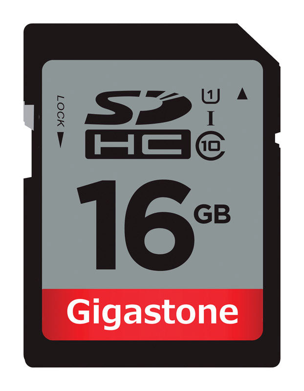 Emery Jensen GIGASTONE 16GB SDHC card for computers, shown with details of storage capacity and compact design.